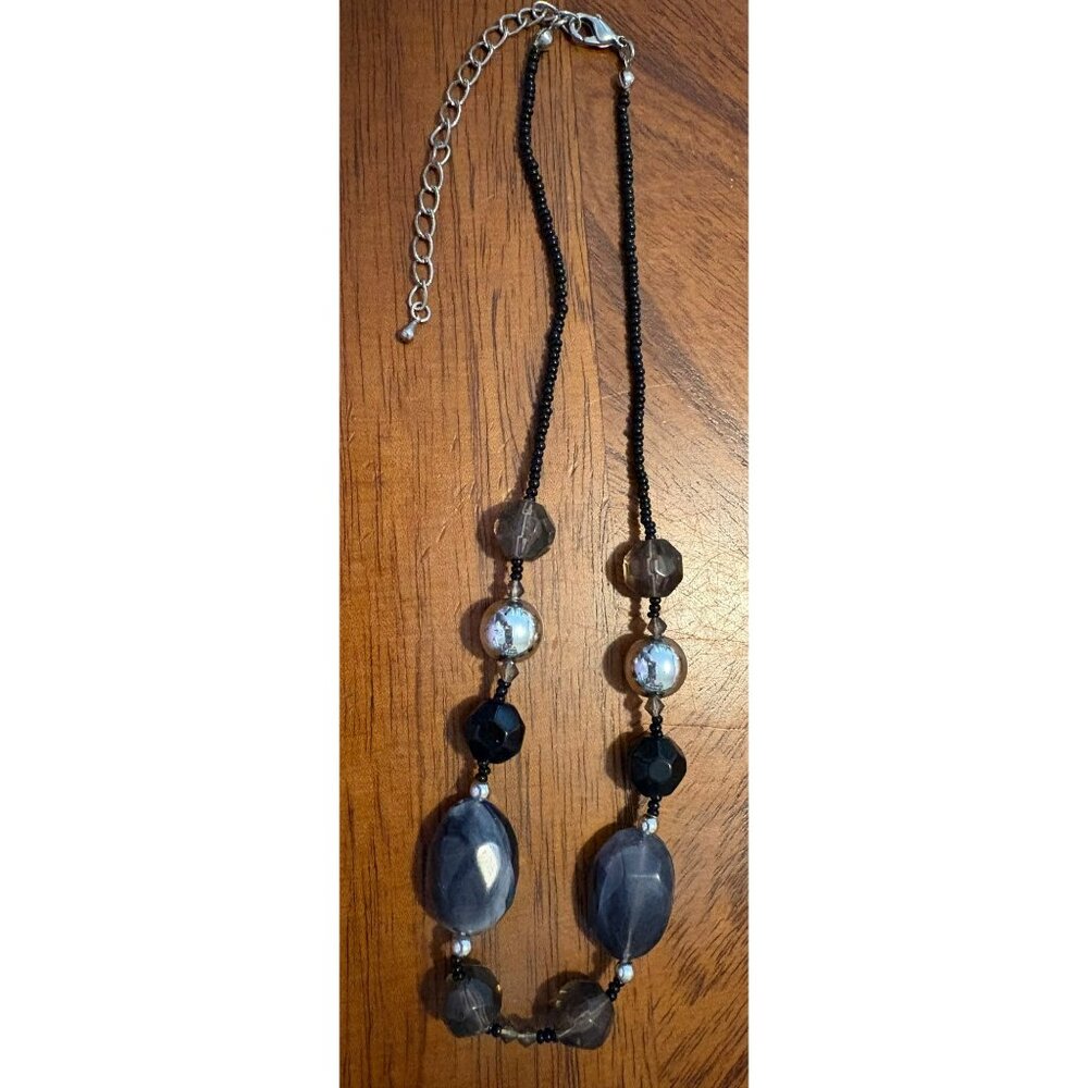 Faceted Black & Grey Beaded Necklace With Silver Accents And Adjustable Lobster